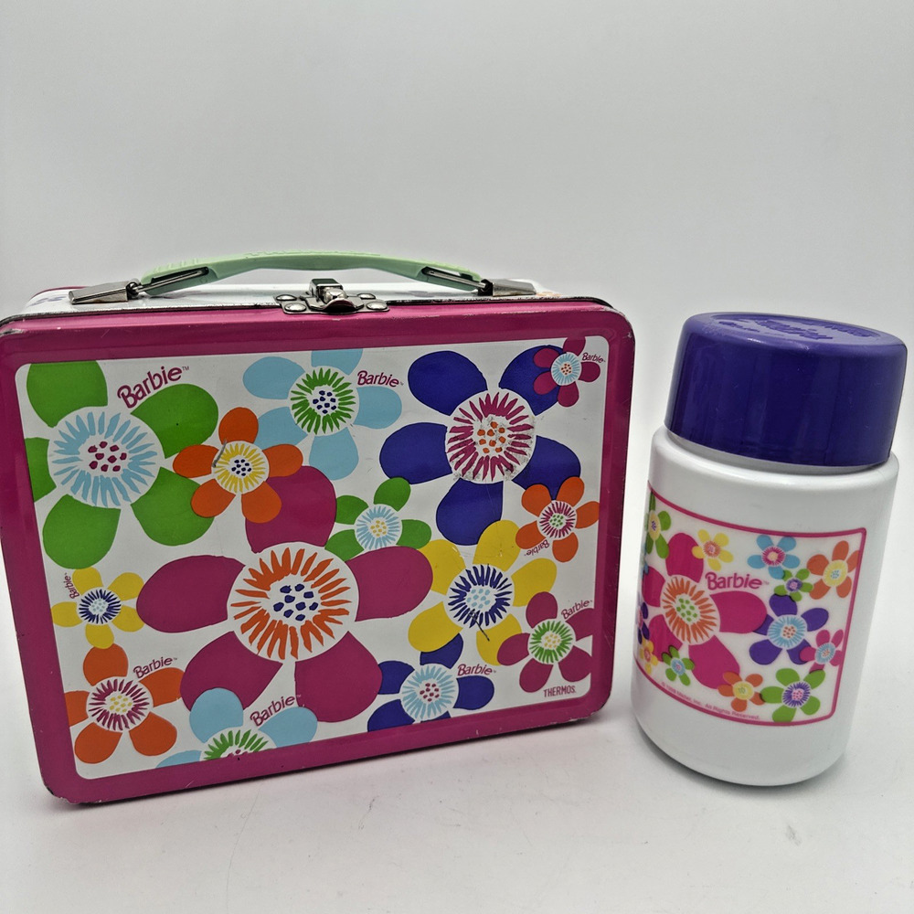 Vintage Barbie Mattel Metal Lunch Box Flower Power With Thermos!